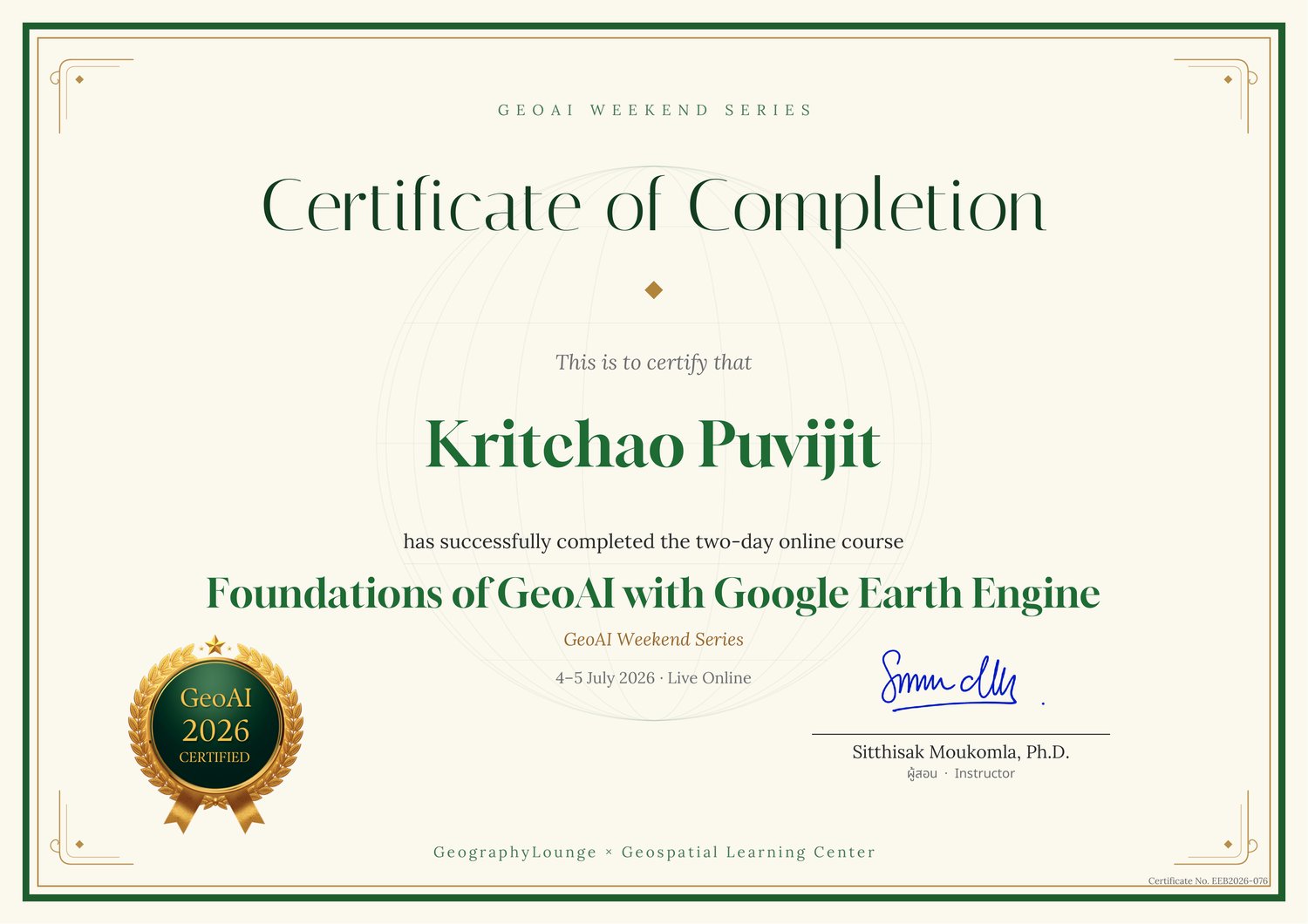 Certificate of Completion - Foundations of GeoAI with Google Earth Engine
