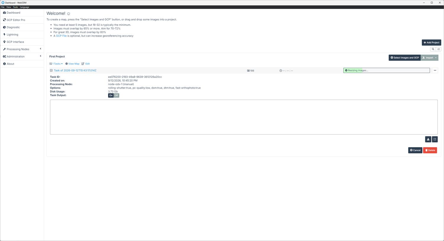 WebODM Dashboard กำลังประมวลผล
